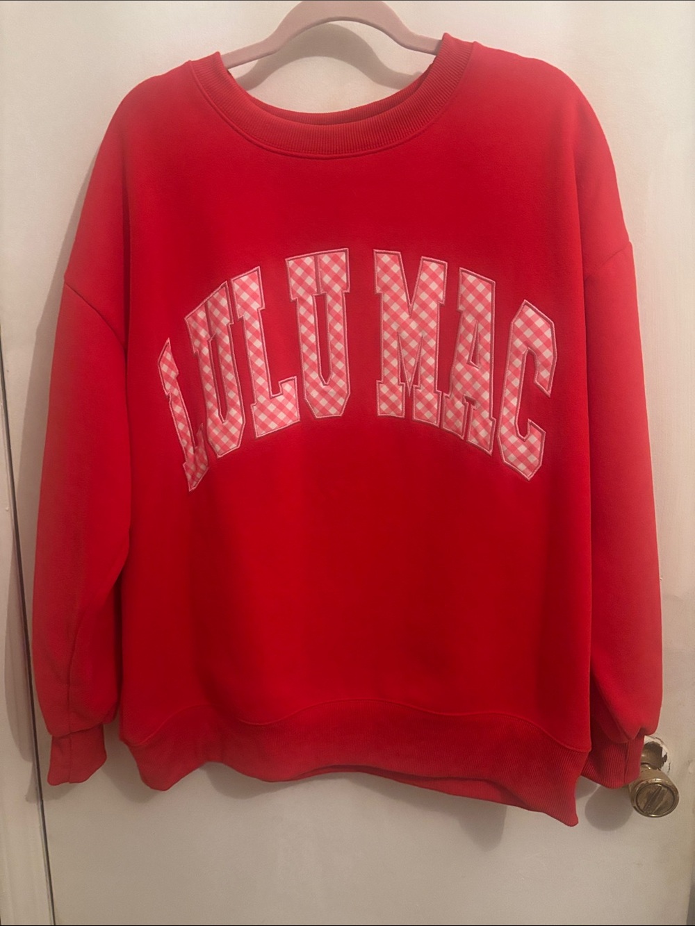 Red Graphic Crewneck Sweatshirt with Checked Lettering